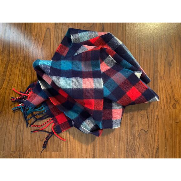 Plaid Scarf Red Blue White with Fringe Rectangle 64" x 12" - Picture 4 of 6